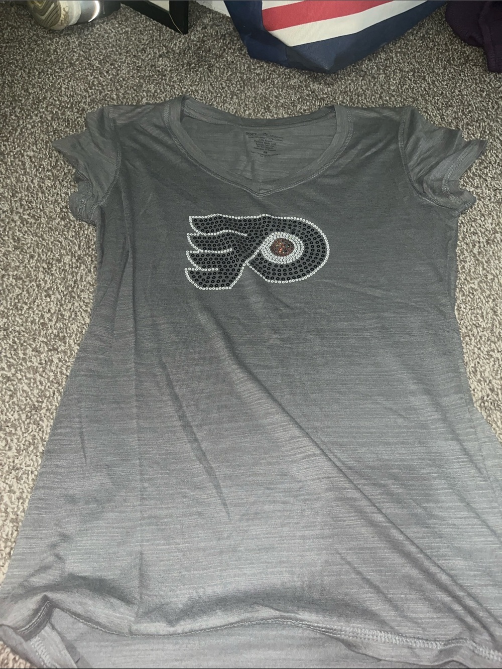 Gray V-neck T-shirt with Studded Philadelphia flyers Logo